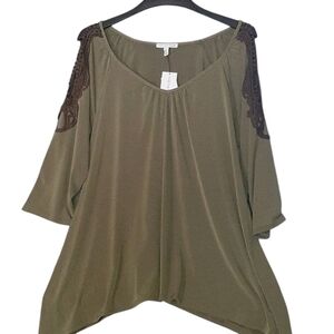 Notations Olive Green Cold Shoulder Blouse With Brown Knit Lace Detail Size 2x